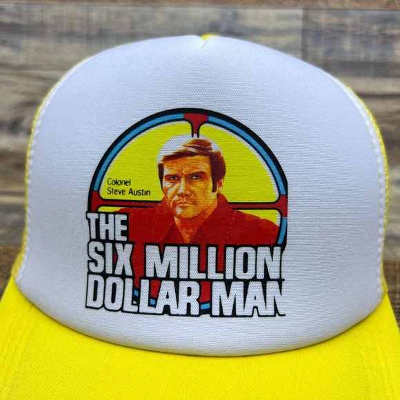 The Six Million Dollar Man Mens Trucker Hat Yellow Snapback Steve Austin Cap - Picture 3 of 8